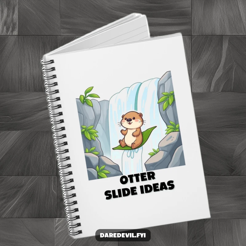 Funny otter character sliding down a waterfall on a leaf, designed for a notebook cover to inspire fun.