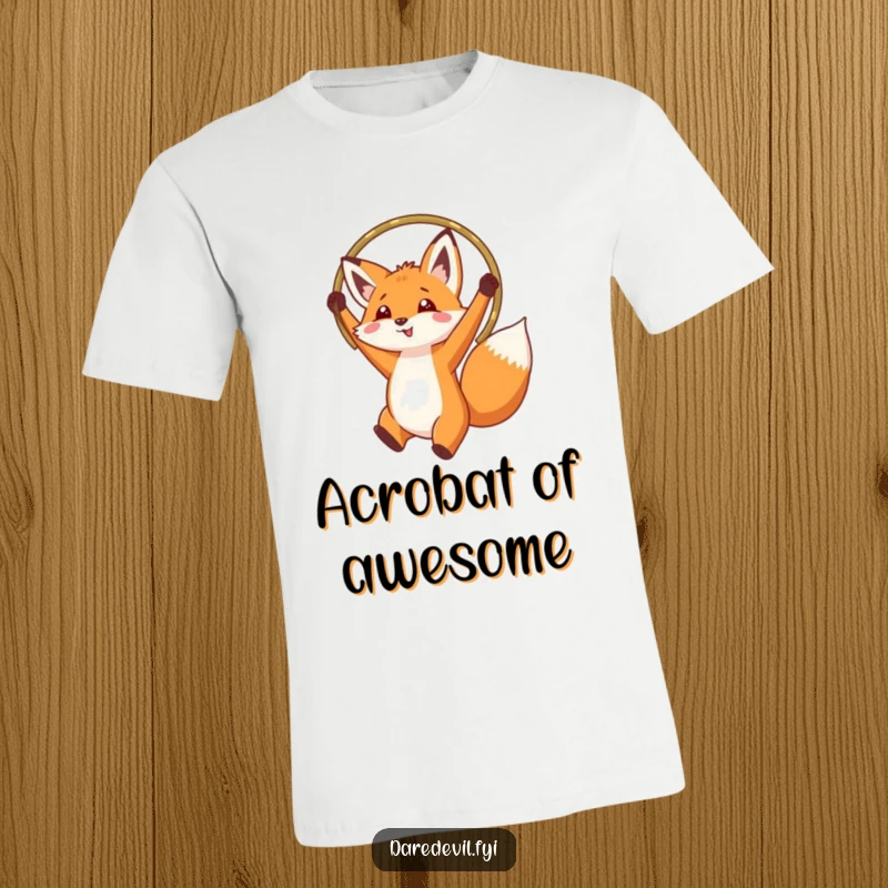 Funny fox mid-air, jumping through a high hoop, printed on a comfortable, high-quality t-shirt.