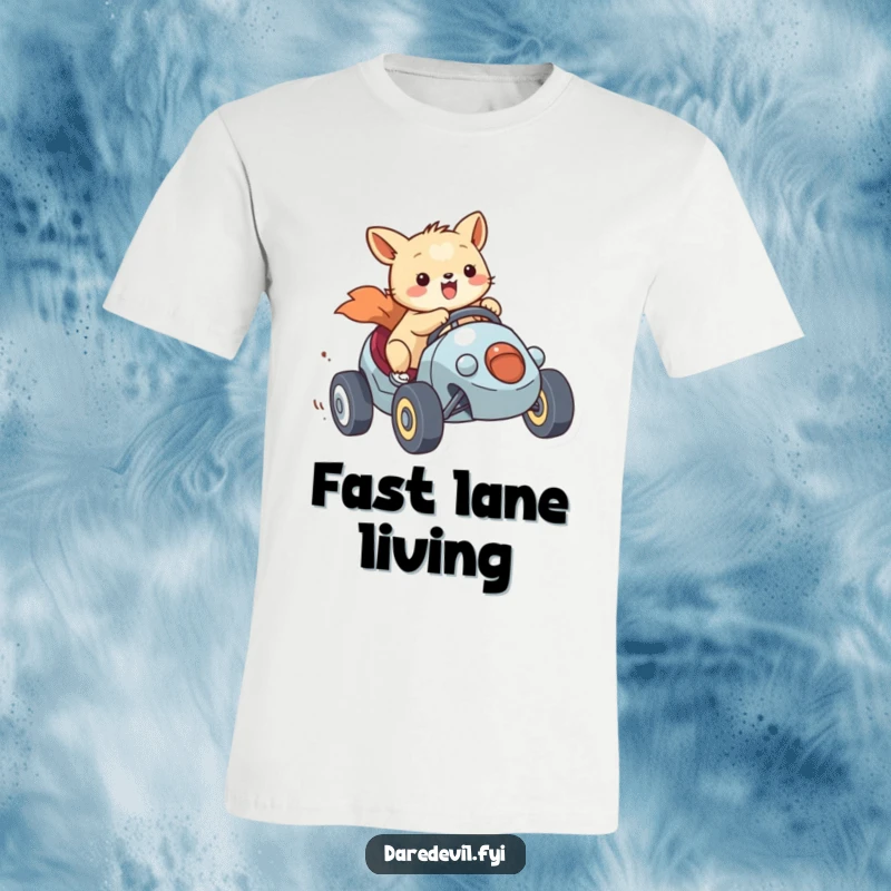 Funny Racer T-Shirt depicting a smiling animal character enthusiastically driving a miniature vehicle at high speed, a humorous apparel choice.