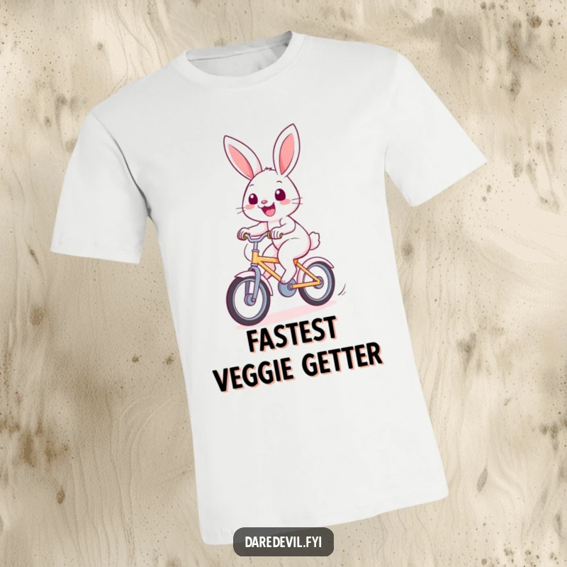 Funny rabbit t-shirt depicting a cheerful bunny with a wide smile riding a fast bicycle, perfect for cyclists and animal lovers.