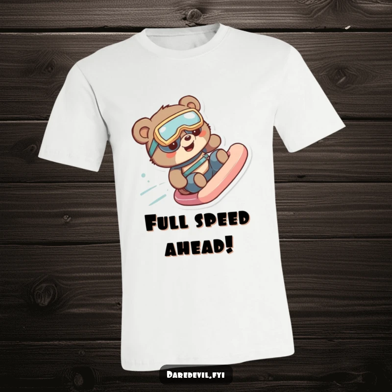 Funny bear wearing goggles gleefully speeding down a slide, embodying excitement for a funny t-shirt.