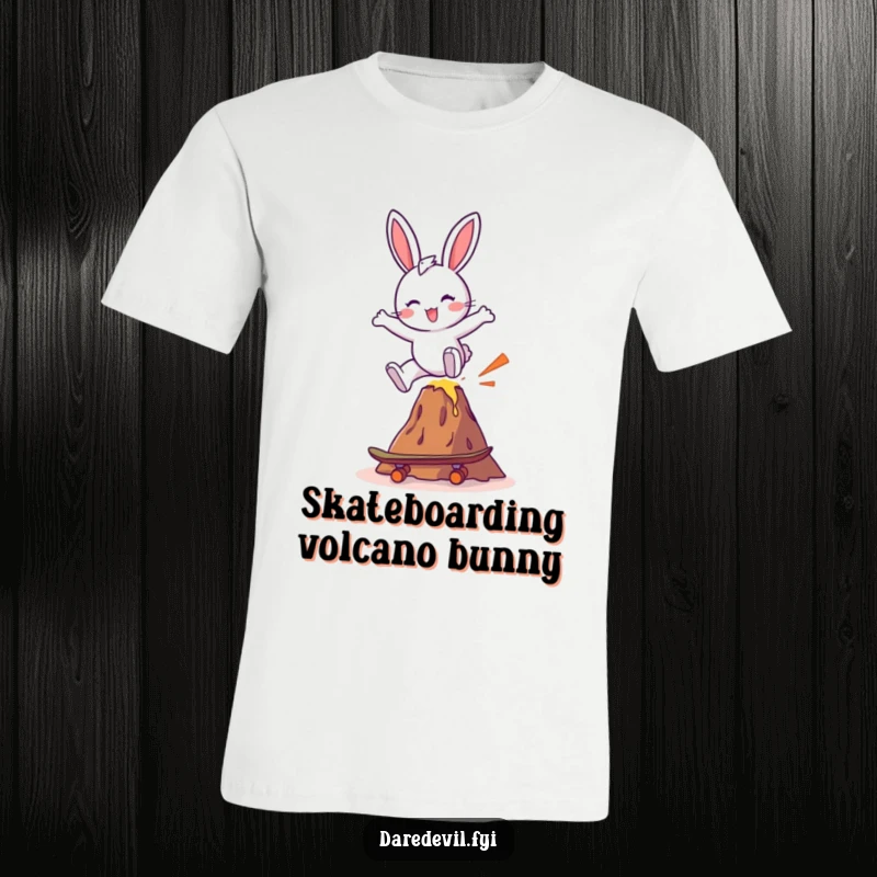 Funny depicted bunny skateboarder leaping spectacularly over a small, smoking volcano, conveying excitement and daring.