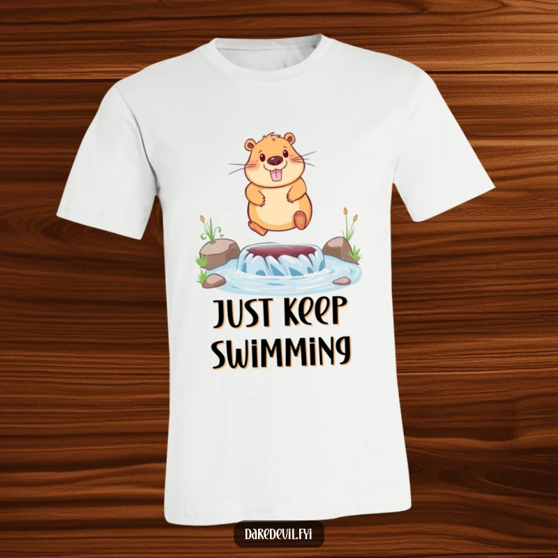 Funny t-shirt depicting a happy capybara mid-jump over a flowing river, radiating pure joy and adventurous spirit.
