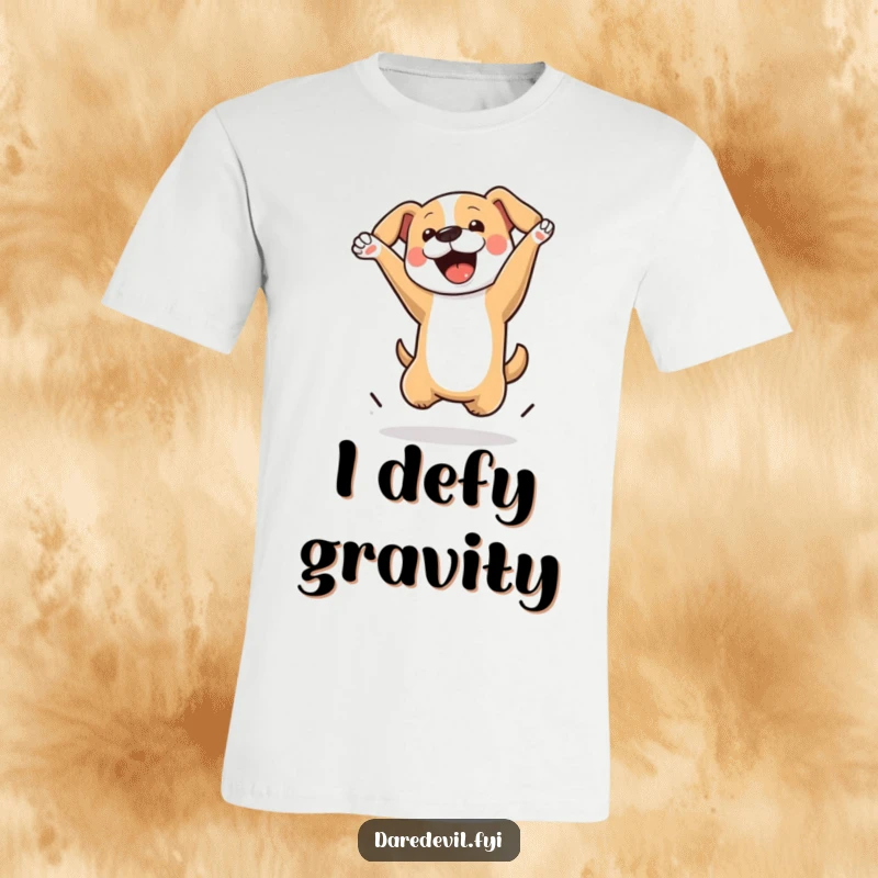 Funny Dog T-Shirt featuring a joyful dog executing a spectacular flip in mid-air, showcasing athletic prowess and fun.