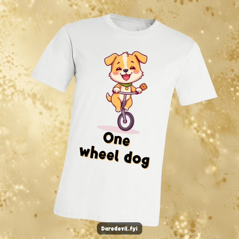 Funny dog character expertly balancing on a unicycle, holding a treat, showcasing canine talent and joy.