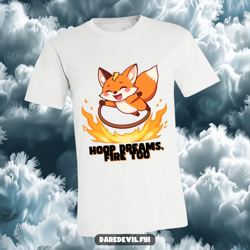 Funny Fox T-Shirt featuring a grinning fox leaping over a fiery hoop with immense joy and abandon.