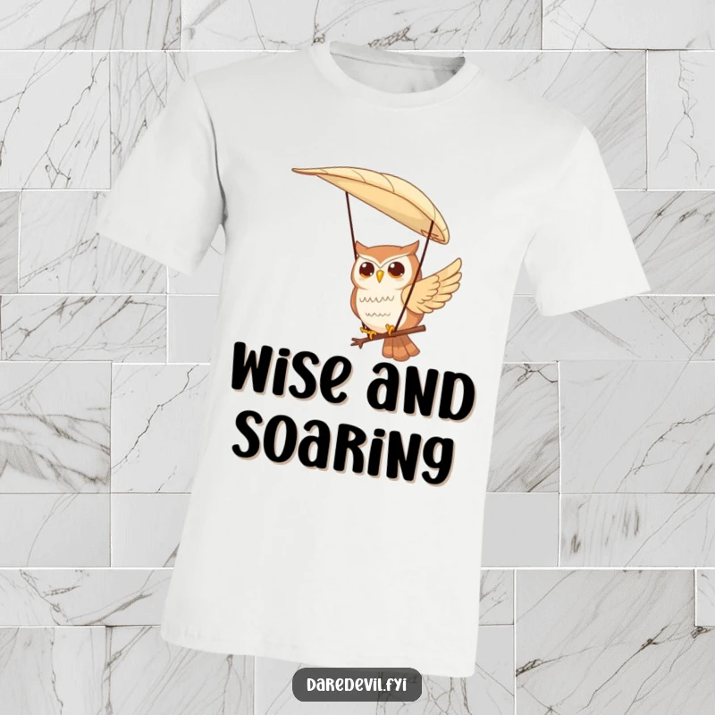 Funny t-shirt graphic of a contented owl character gracefully paragliding using a large feather, symbolizing peaceful adventure and whimsical flight.