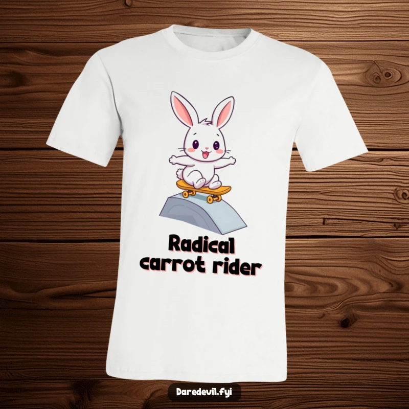 Funny rabbit t-shirt, bravely skateboarding down a small ramp with a smile, showcasing skater style.