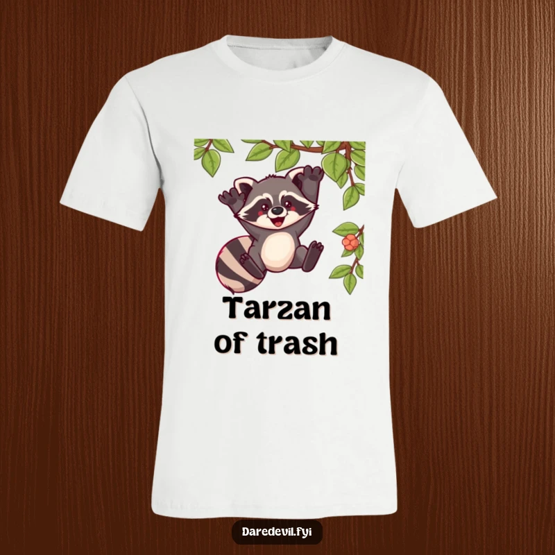 Funny t-shirt illustrating a raccoon joyfully swinging from a vine, conveying pure exhilaration and a love for adventure.