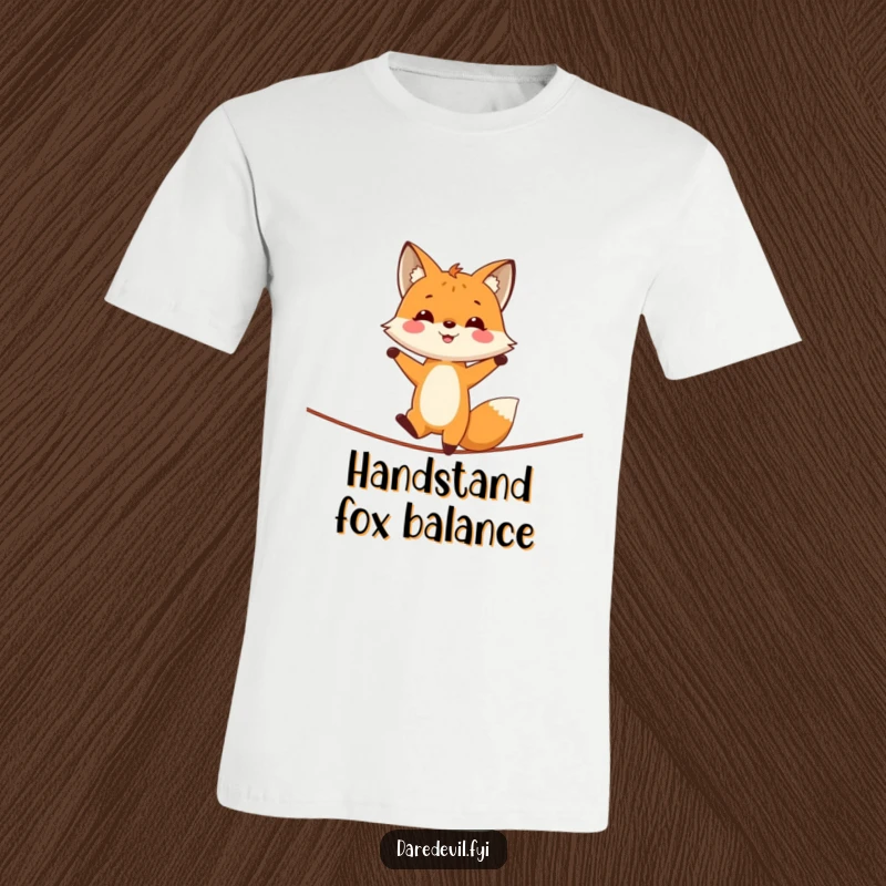 Funny fox character upside down in a handstand on a thin tightrope, looking confident and slightly mischievous.