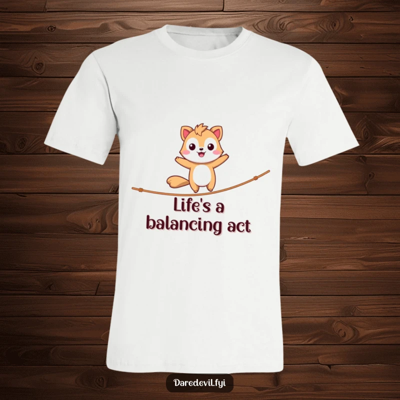 Funny Tightrope T-Shirt depicting a happy, daring animal character balancing with poise and confidence mid-air, a humorous apparel choice.