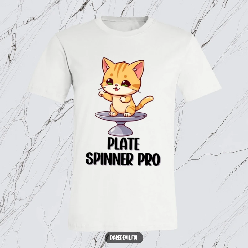 Funny cat t-shirt depicting a mischievous cat in mid-balance on a spinning plate with intense focus.