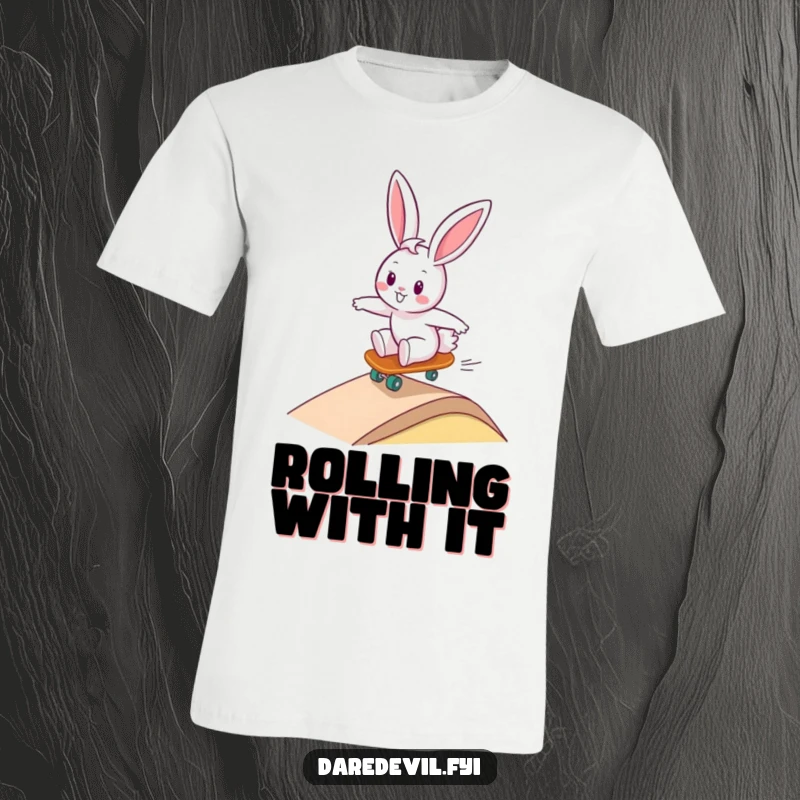 Funny happy bunny character zooming down a ramp on a tiny skateboard, looking thrilled and adventurous, perfect for a funny t-shirt gift.