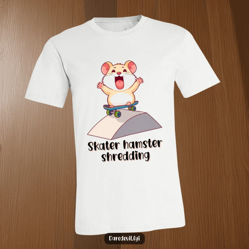 Funny Hamster T-Shirt: A thrilled hamster character zooms down a ramp on a mini skateboard, radiating pure joy and excitement.