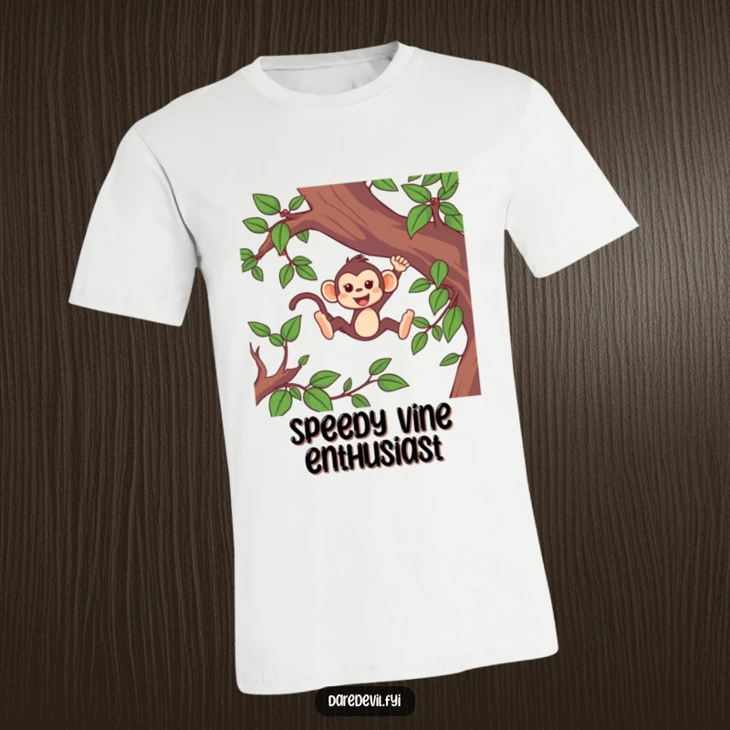 Funny monkey t-shirt featuring a vibrant, lively monkey character mid-swing through lush green vines at breakneck speed.