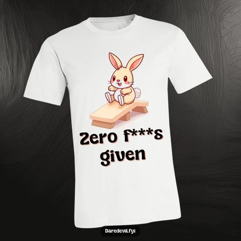 Funny bunny mid-slide down a tiny ramp, displaying pure exhilaration on a comfortable, high-quality t-shirt.