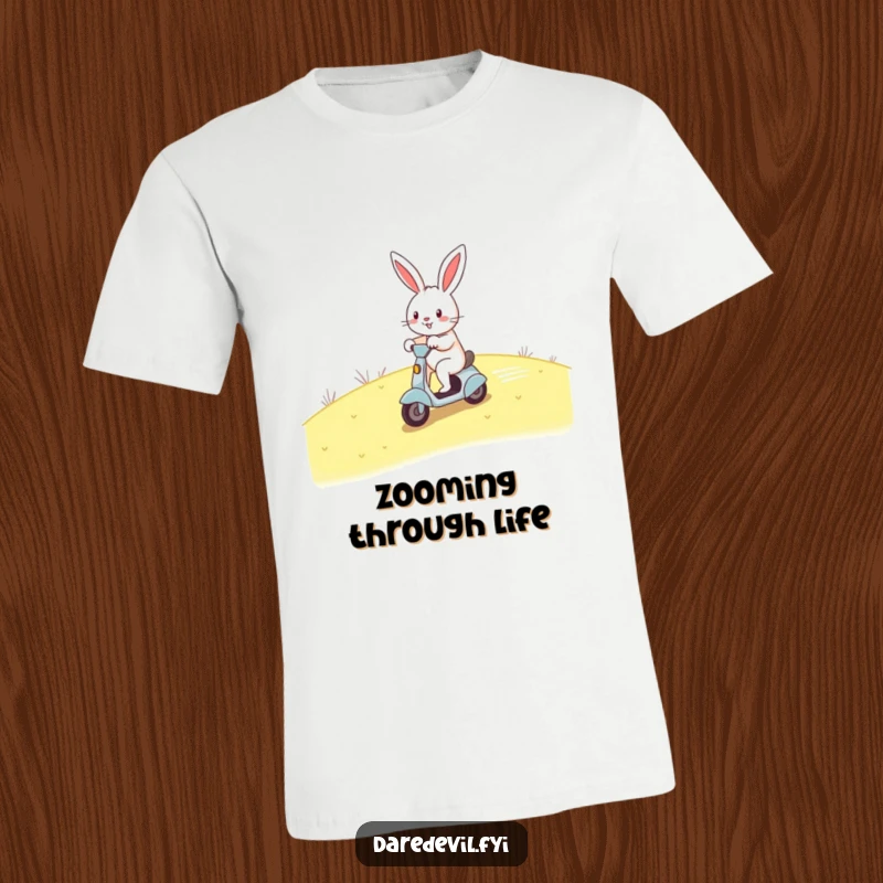 Funny rabbit scooter t-shirt, cheerful rabbit zooming down hill on tiny scooter, fast, humorous apparel for speed lovers.