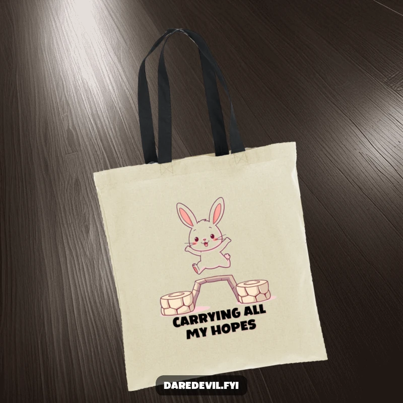 Funny Rabbit Tote Bag: A brave rabbit character leaps between platforms, symbolizing courage and adventure for your daily travels.