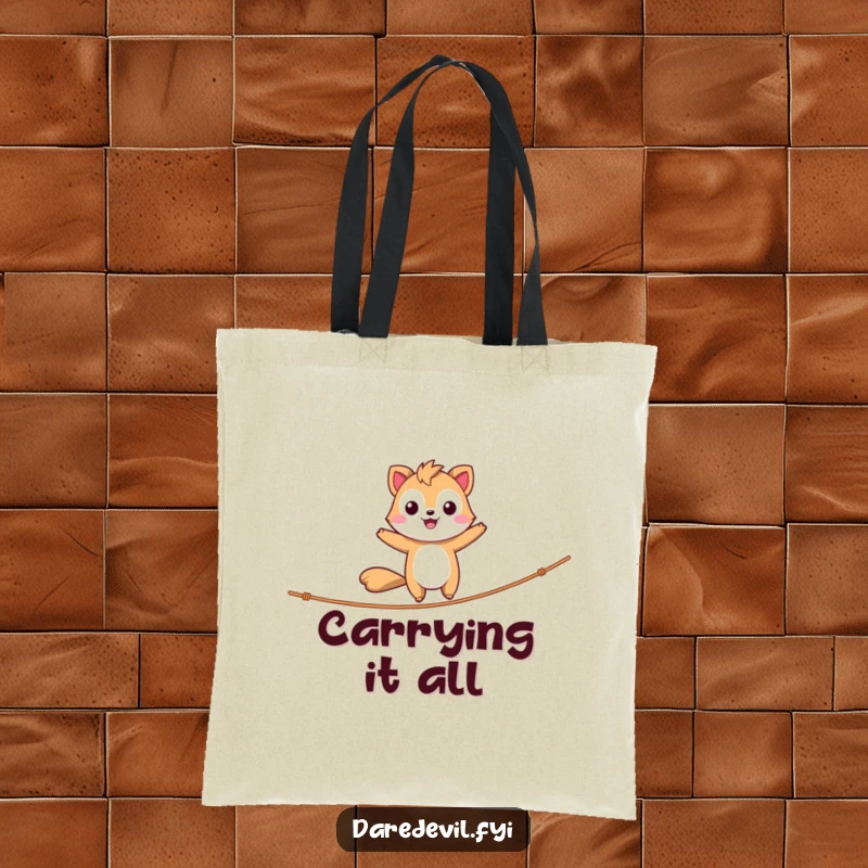 Funny Tote Bag showing a daring animal character confidently balancing on a tightrope, a humorous and practical accessory.