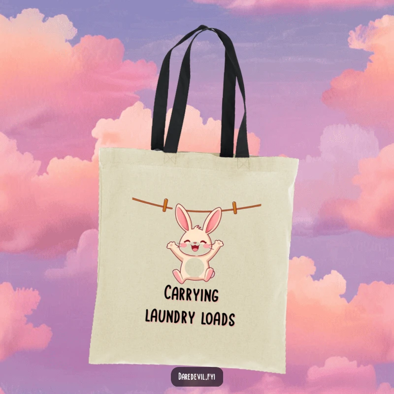 Funny rabbit joyfully swings from a clothesline, carrying fun and happiness on a funny tote bag.