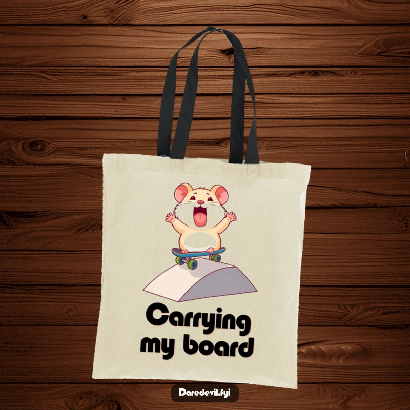 Funny Hamster Tote Bag: A thrilled hamster character skates down a ramp on a mini skateboard, symbolizing fun and adventure for your travels.