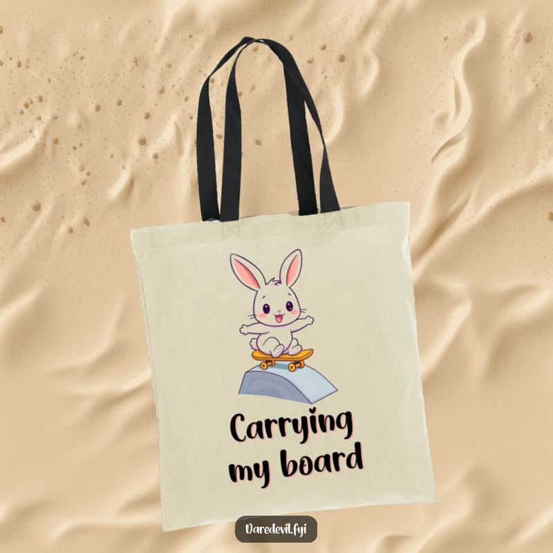 Funny rabbit tote bag, showing a bunny bravely skateboarding down a small ramp, perfect for skater gear.