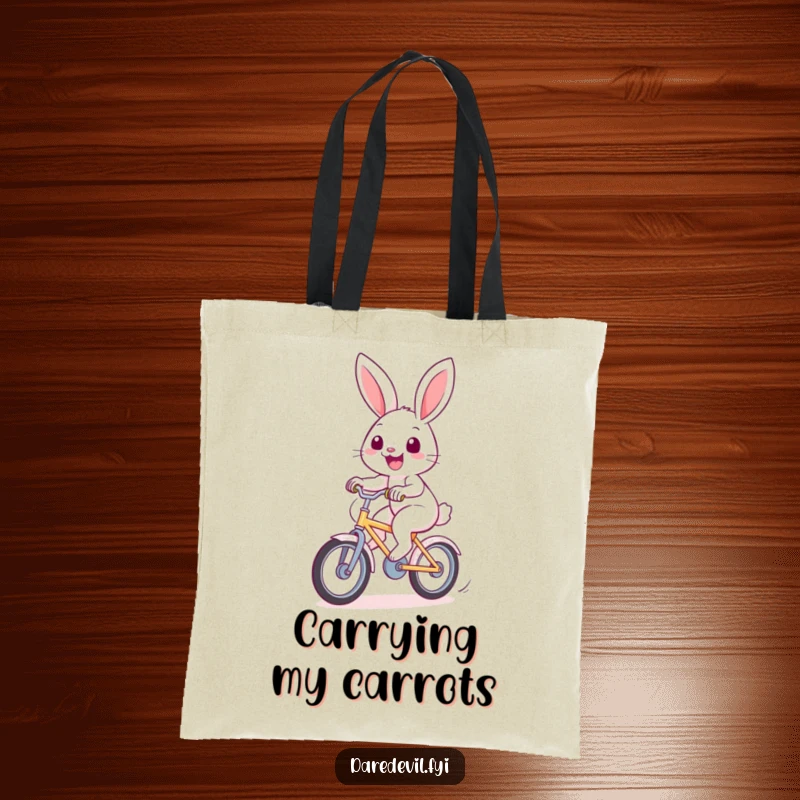 Funny rabbit tote bag with a cheerful bunny riding a fast bicycle, perfect for carrying items with a smile.