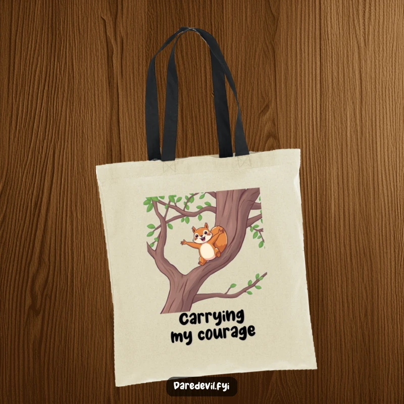 Funny squirrel leap tote bag, brave squirrel jumping from tree branch, carrying adventure gear with humor, functional and funny gift.