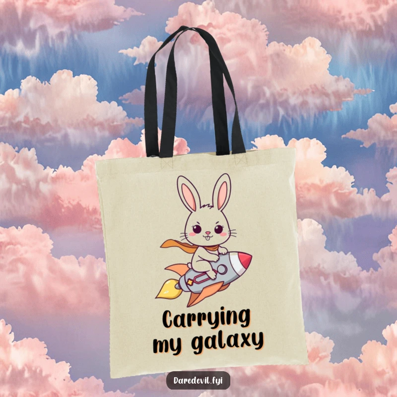 Funny tote bag illustrating a brave rabbit character riding a tiny rocket with a very determined and excited grin.