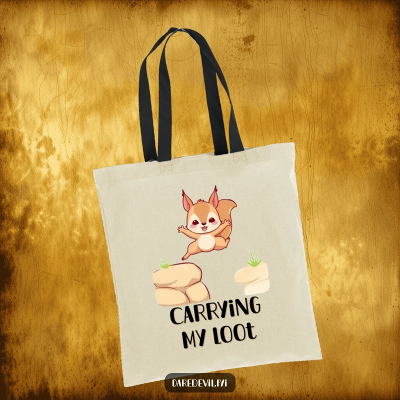 Funny tote bag featuring a squirrel leaping bravely over a gap, practical and a great funny gift.