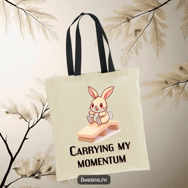 Funny bunny in action, sliding down a miniature ramp, printed on a durable tote bag, ideal for stylish, humorous carrying.