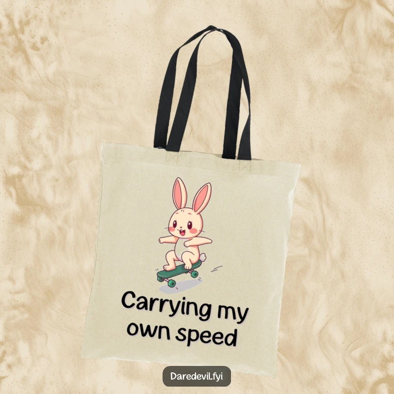 Funny Tote Bag: A happy bunny character zooms down a ramp on a tiny skateboard, a humorous and functional accessory.