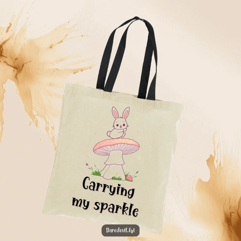 Funny bunny mushroom tote bag featuring a fluffy bunny bravely leaping over a giant, sparkly mushroom, perfect for carrying items with a magical touch.
