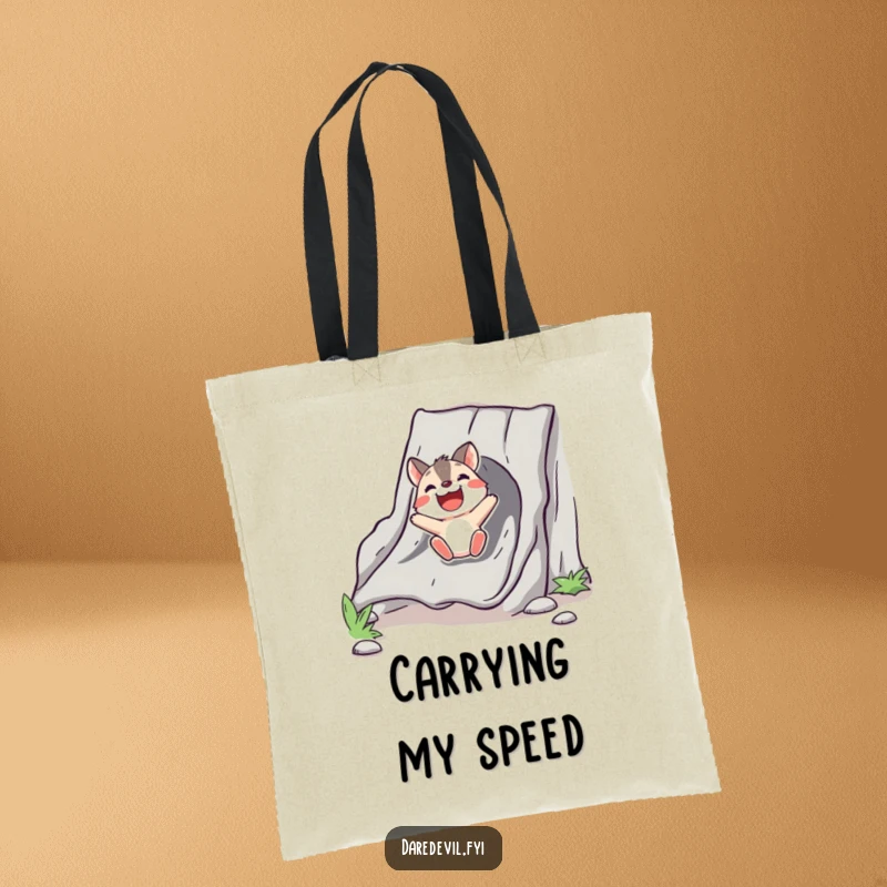 Funny Tote Bag illustrating a bold animal character sliding down a chute with sheer delight, perfect for carrying daily items.