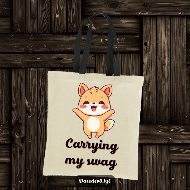 Funny Tote Bag featuring a smiling animal character performing a playful flip in the air with a joyful and energetic expression.