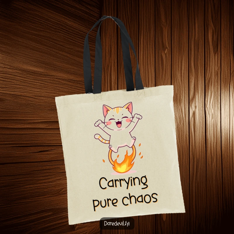 Funny tote bag illustrating a mischievous cat energetically soaring over a blazing fiery hoop with a gleeful expression.