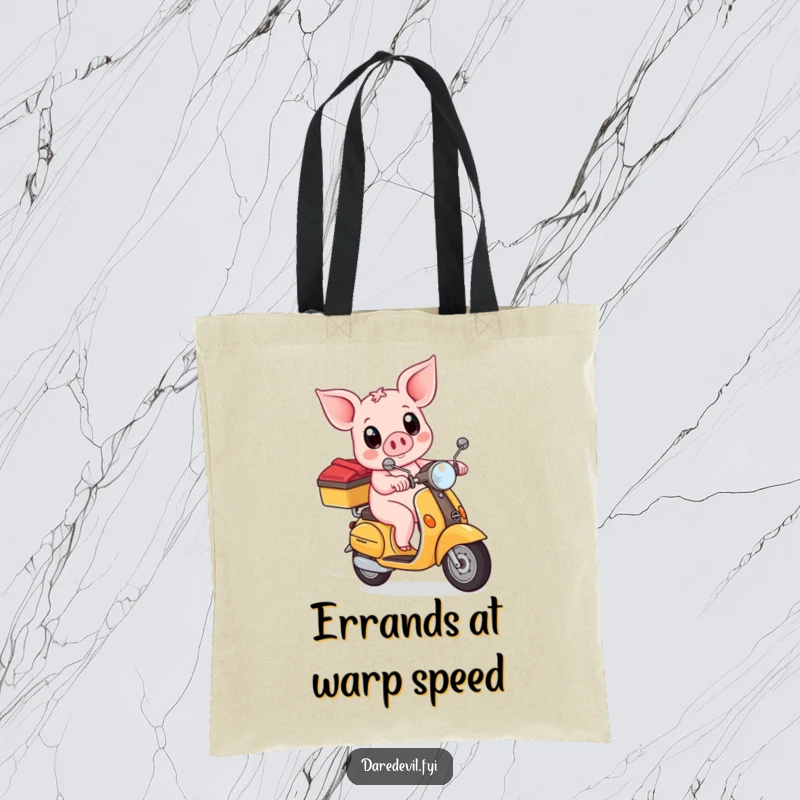 Funny piglet bravely riding a scooter with wide eyes, printed on a durable tote bag, ideal for stylish, humorous carrying.