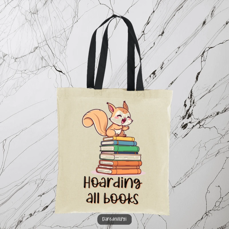 Funny tote bag featuring a giggling squirrel character energetically climbing a tall stack of books, perfect for carrying library finds.