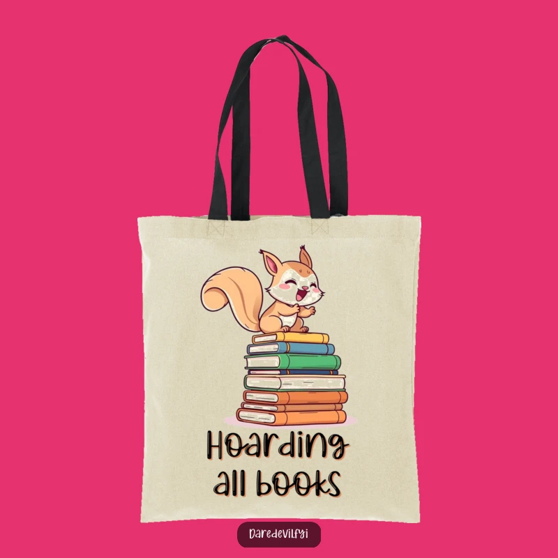 Funny Book Lover Tote Bag: Giggling Squirrel Climbs Books, Practical Funny Gift