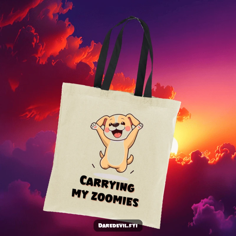 Funny Dog Tote Bag depicting a dog performing an impressive mid-air flip, showcasing energy and playful action.
