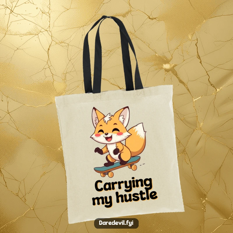 Funny fox with a gleeful expression, balancing on a skateboard, ready for action, perfect for carrying items with a funny twist.