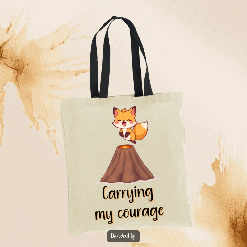 Funny fox tote bag, showing a fox gleefully leaping over a tiny volcano with a smile, for adventurers.