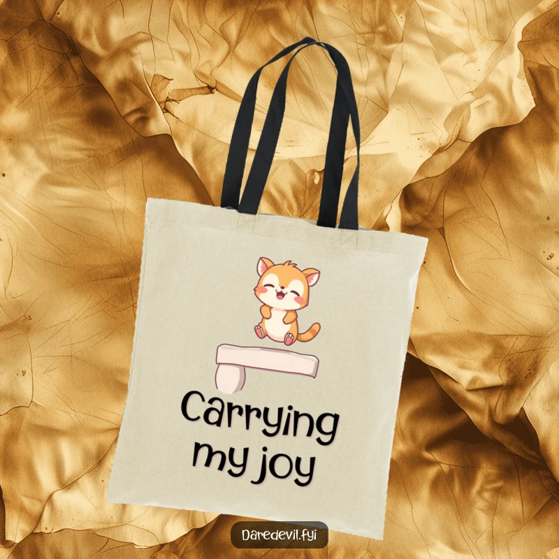 Funny Tote Bag depicting a giggling animal character joyfully leaping off a small ledge, great for carrying daily items.