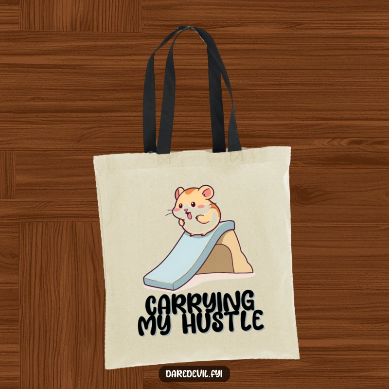 Funny Hamster Tote Bag depicting a hamster rapidly sliding down a steep miniature slide, showcasing speed and playful action.