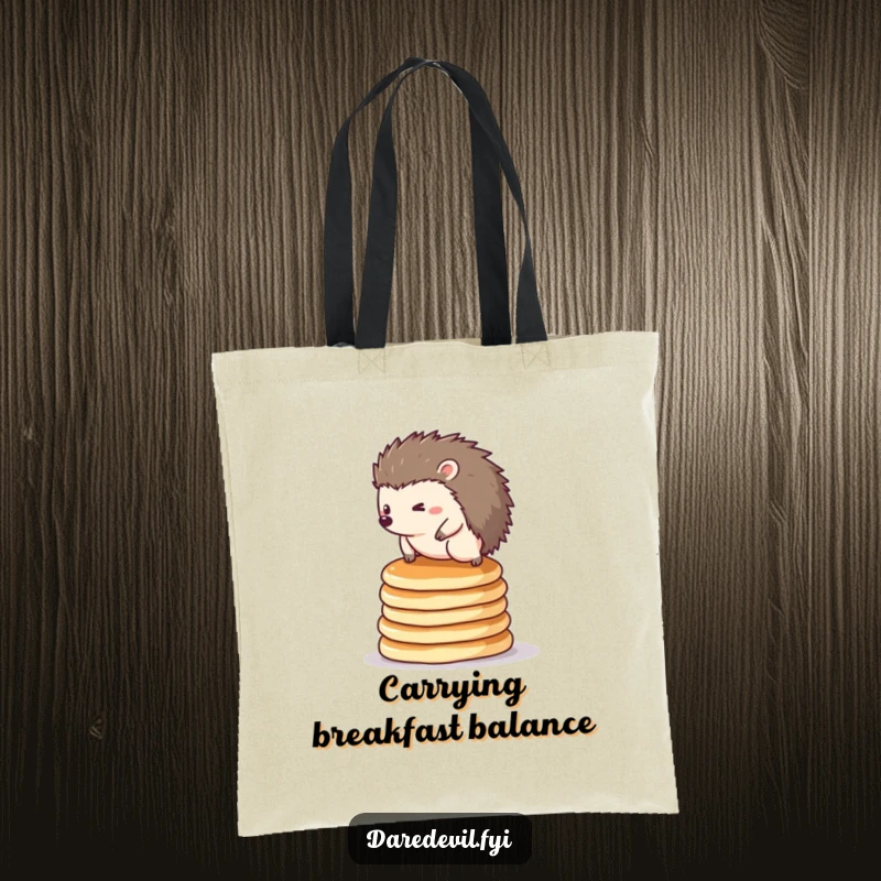 Funny hedgehog tote bag: a cute hedgehog balancing on a stack of pancakes, ready for everyday adventures.