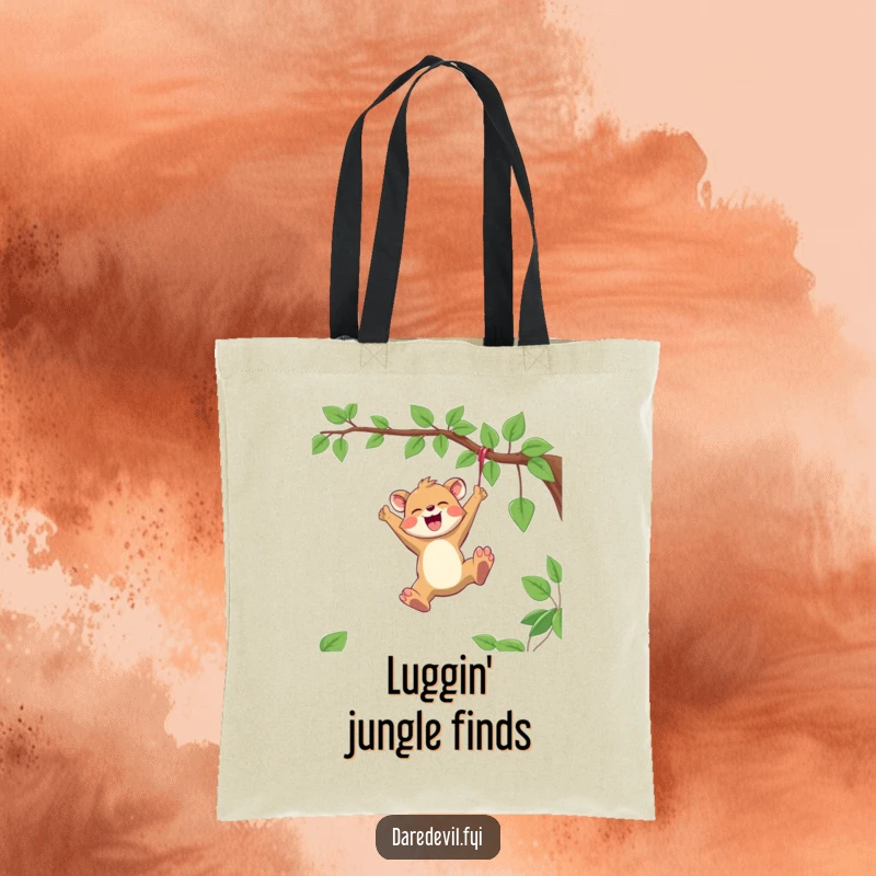 Funny Tote Bag featuring a joyful animal character swinging with reckless abandon from a vine, showcasing pure, uninhibited happiness.