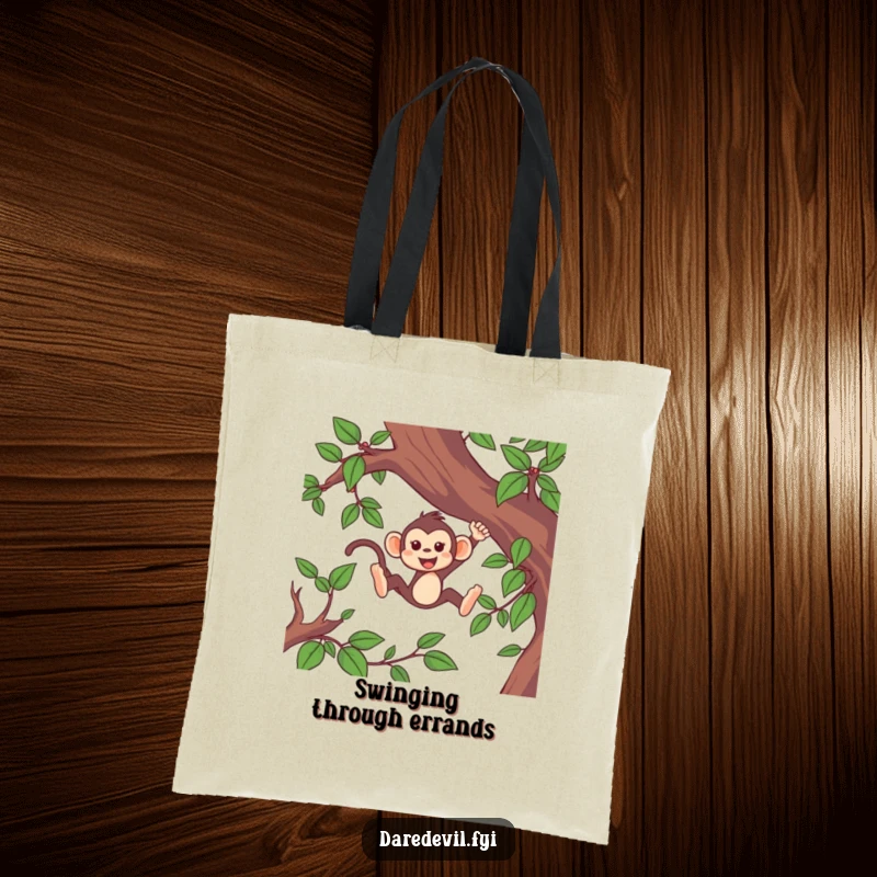 Funny monkey tote bag with a lively monkey character executing a high-speed swing through thick jungle vines.