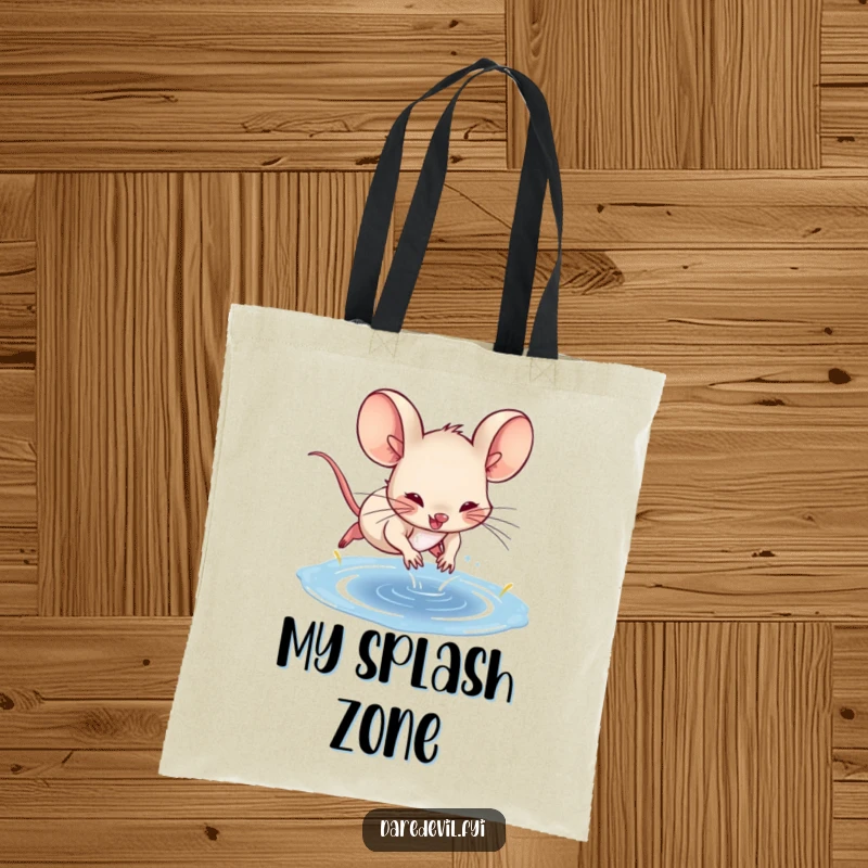 Funny spunky mouse character leaping into a puddle on a durable tote bag, perfect for daily adventures.