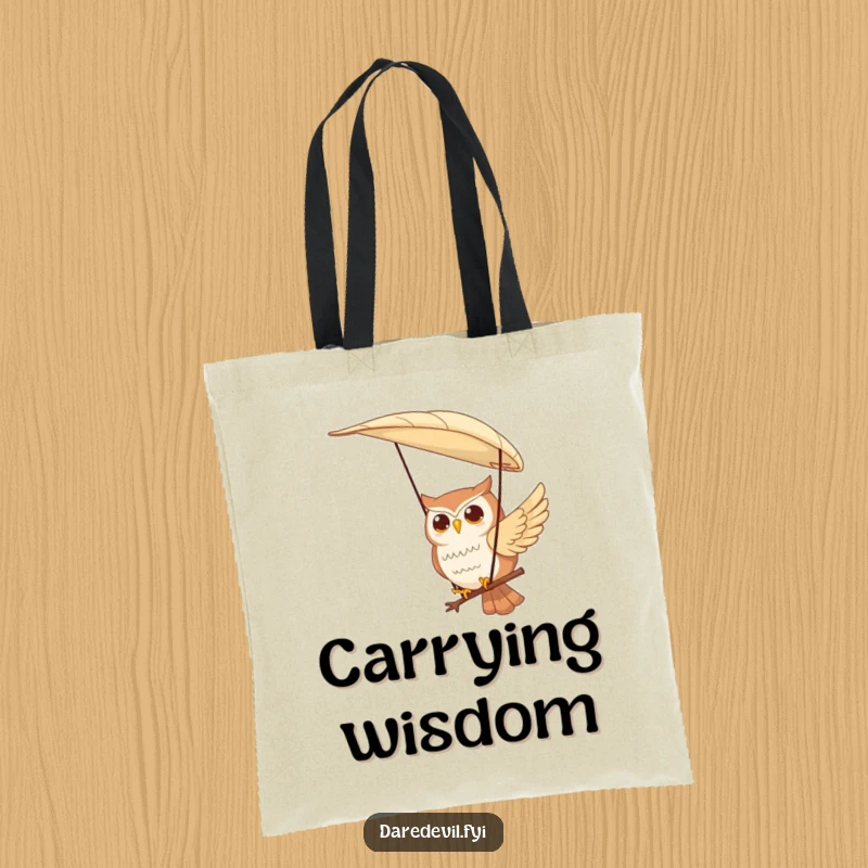 Funny tote bag featuring a contented owl character paragliding using a large feather, perfect for carrying travel essentials with a sense of adventure.