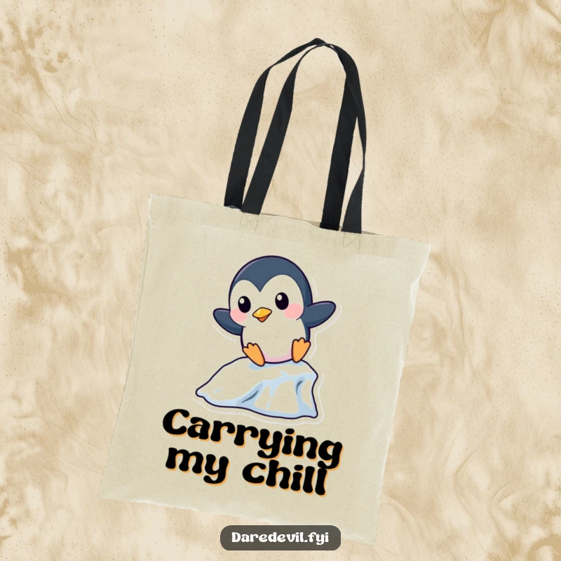 Funny Penguin Tote Bag: A playful penguin character boldly slides down a miniature icicle, ideal for carrying winter fun and humor.